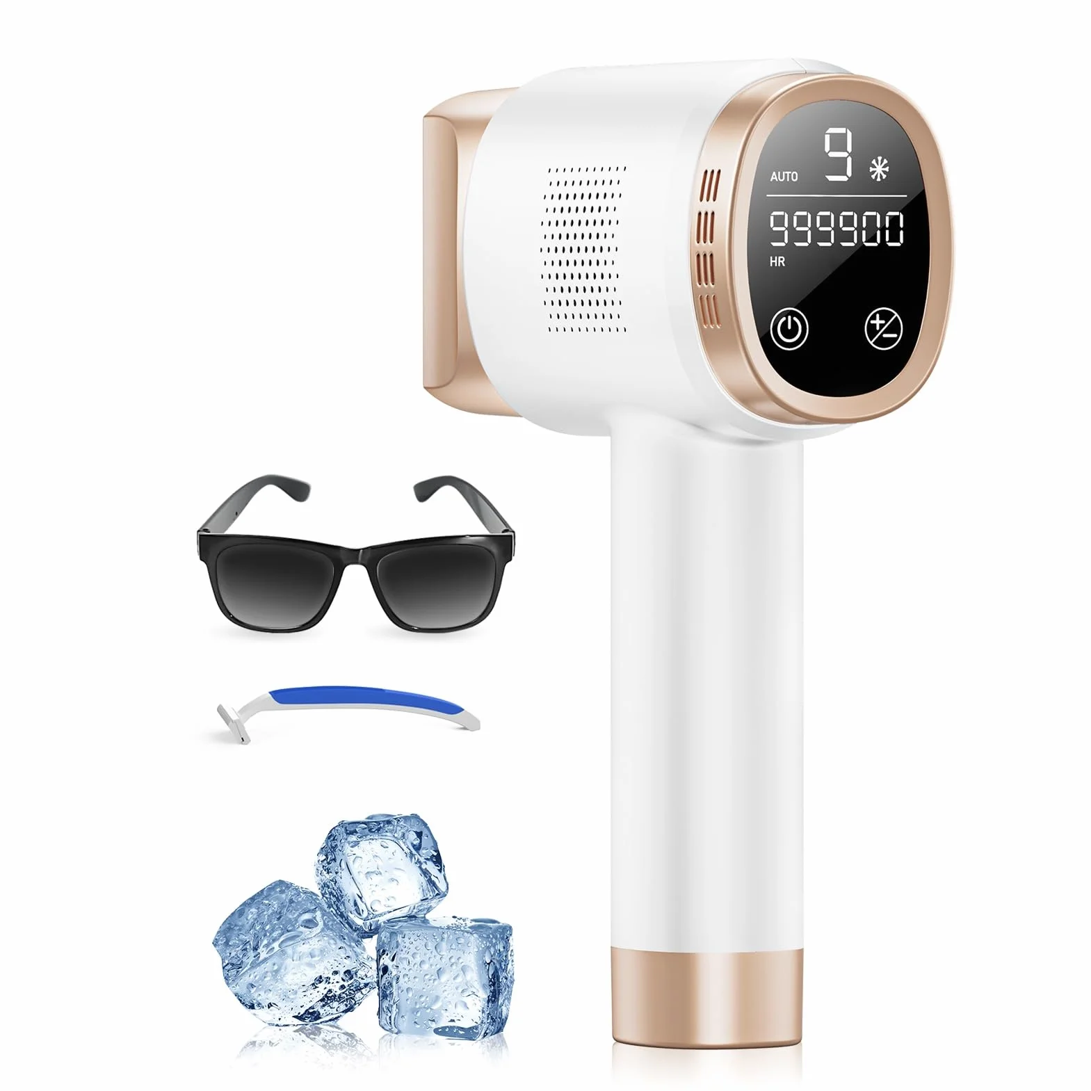 Épilateur Lumière Pulsée avec Refroidissement, 9 Niveaux d'Énergie, Visage, Aisselles, Bikini, Jambes, Corps, Blanc