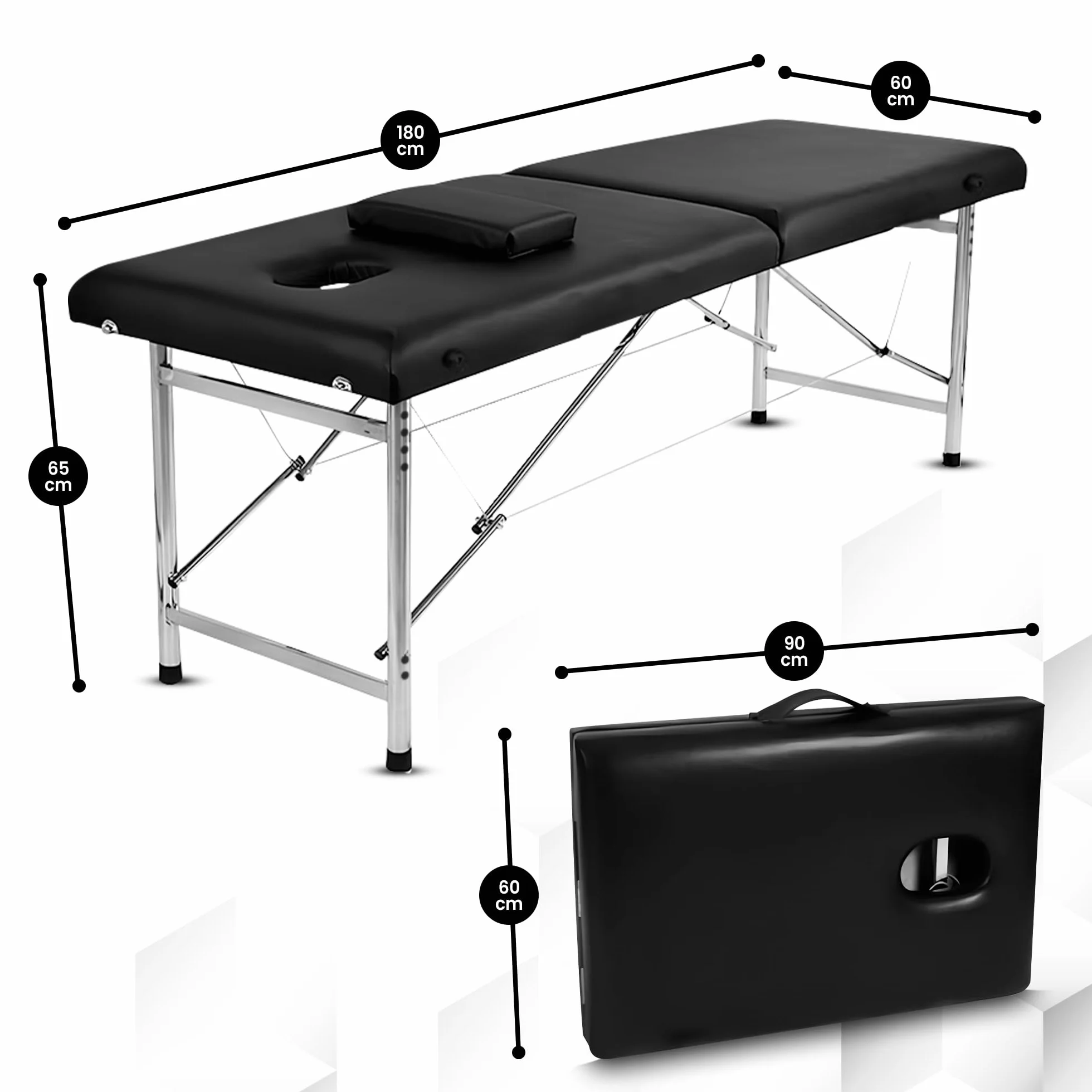 Table de Massage Pliante Professionnelle Maya 2 Zones - Lit Esthétique Léger en Aluminium | Table Pliante Hauteur Réglable 60-80cm | Revêtement Cuir Synthétique avec Poignée, Noir