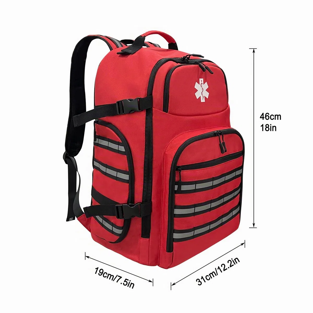 Sac à dos d'urgence médicale professionnel, Sac à dos de premiers secours trauma, vide, avec bandes réfléchissantes et base antidérapante, pour le camping, la randonnée (Rouge, Grand)