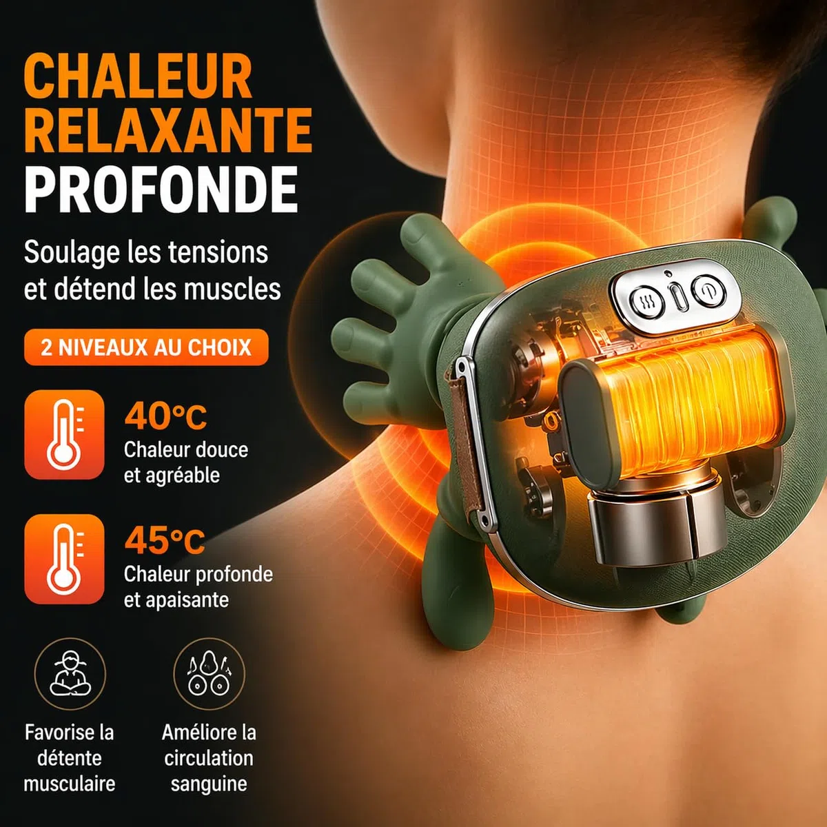Masseur Cervical Électrique Sans Fil – Massage Profond 3 Niveaux + Chaleur 2 Niveaux, 2000 mAh