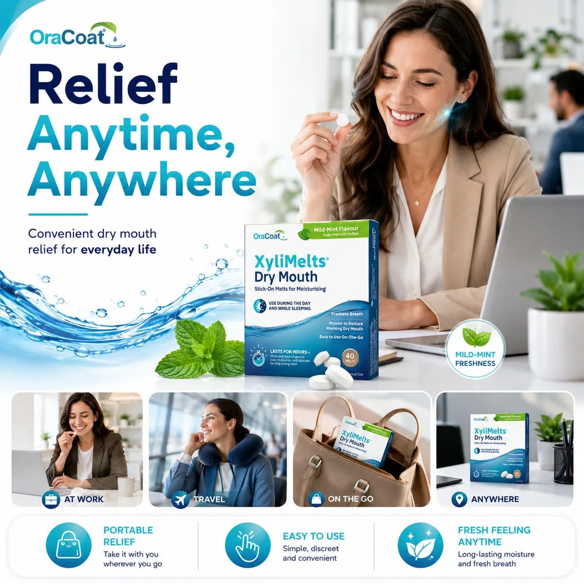XYLIMELTS Pastilles adhérentes contre Sécheresse Buccale Caries Menthe Douce version d'essai