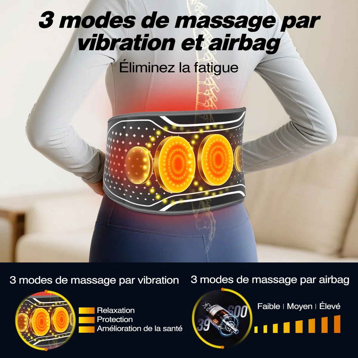 Ceinture Chauffante et Massante Lombaire Sans Fil – Coussin Chauffant 3 Modes Airbag 4 Niveaux Température Soulager Douleurs Lombaires Sciatique Stress