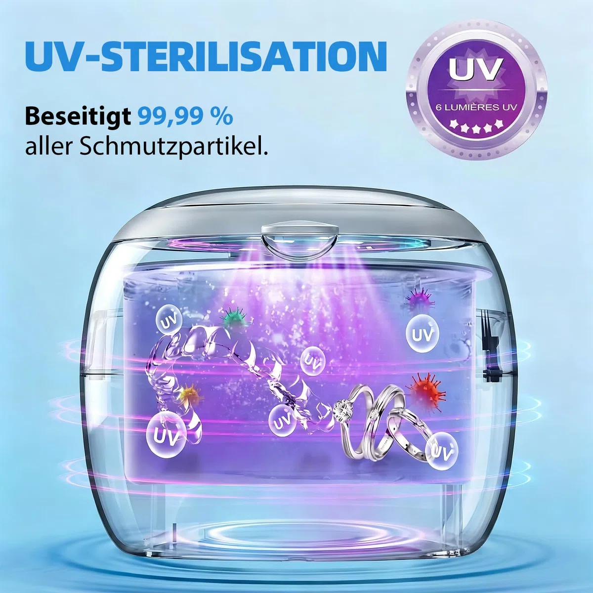 Nettoyeur Ultrasons, 45kHz Rechargeab Ultrasonic Cleaner avec Lampe UV LED, 4 Modes Programmables pour Prothèse Dentaire, Aligneur Adulte, Gouttière, Bijoux Argent, Montres Étanches, Têtes de Rasoir