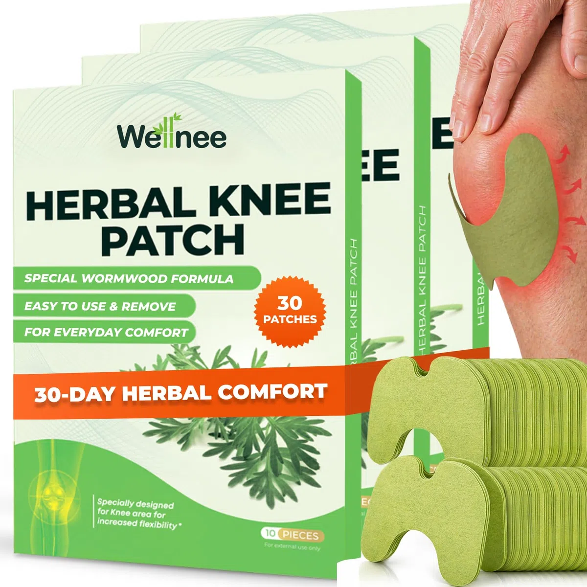 Wellnee Original Herbal Knee Patch – Plâtre Wellknee pour soutien du genou, du cou et du dos – Fabriqué avec des herbes naturelles et des ingrédients (30 coussins)