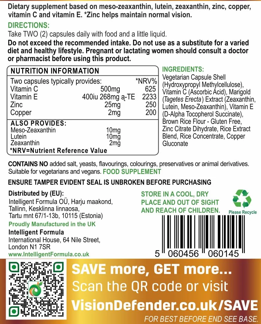 Vision Defender Plus Complément Alimentaire pour les Yeux – Formule AREDS2 Améliorée avec Més-Zéaxanthine – 7 Nutriments Essentiels (Lutéine, Zéaxanthine, Vitamines C & E, Zinc, Cuivre) – 60 Gélules