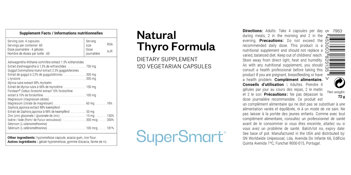 Natural Thyro Formula - Complément alimentaire pour la Thyroïde - Iode, Sélénium, Zinc et Vitamines - Formule à base de nutriments essentiels - SuperSmart