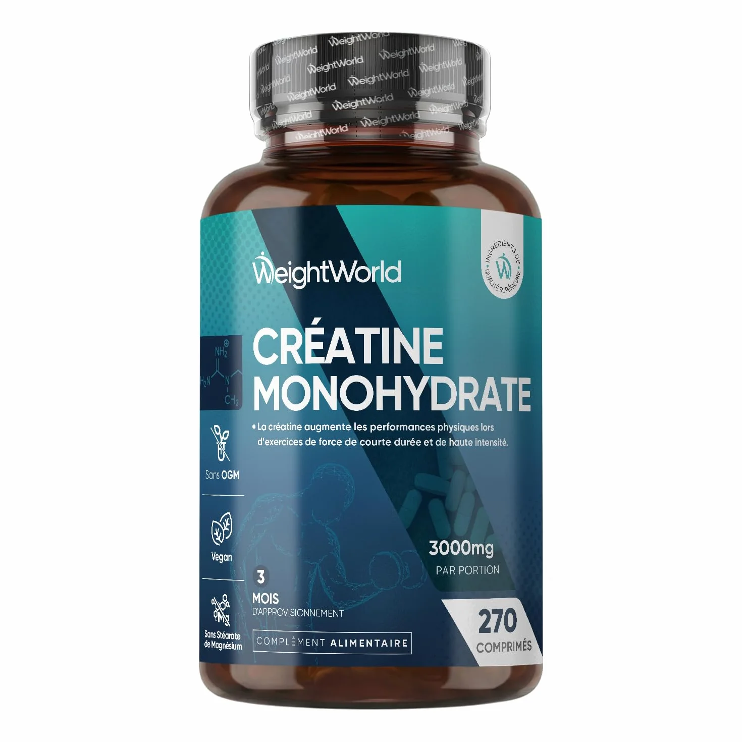 Creatine Monohydrate 270 comprimés Vegan 3000mg par Portion 3 Mois d'approvisionnement sans OGM