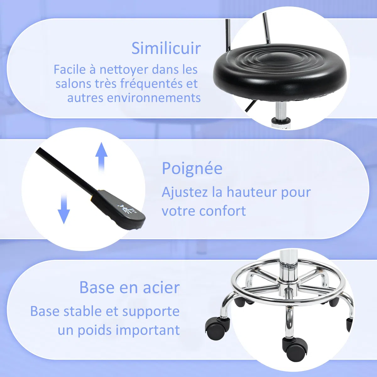 HOMCOM Tabouret à roulettes avec hauteur ajustable 70-86 cm, tabouret de massage pivotant avec dossier et repose-pieds, chaise de travail à roulettes pour salon de massage, tatouage, clinique, noir