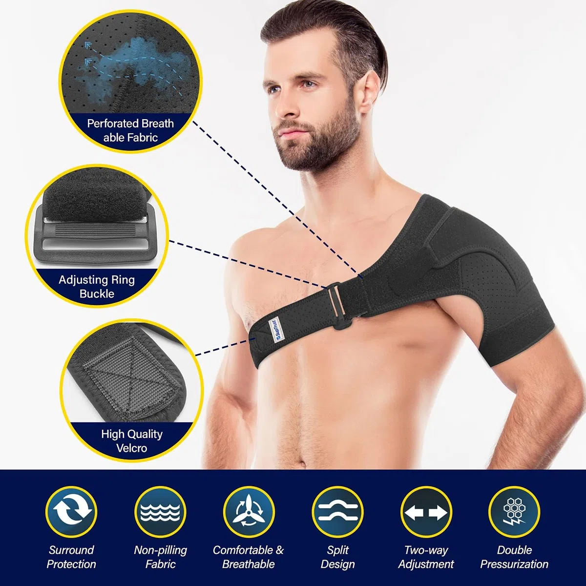 Suptrust Attelle d'épaule de récupération pour homme et femme, soutien de stabilité, ajustement réglable, soulagement des blessures à l'épaule et des tendinites, taille unique standard