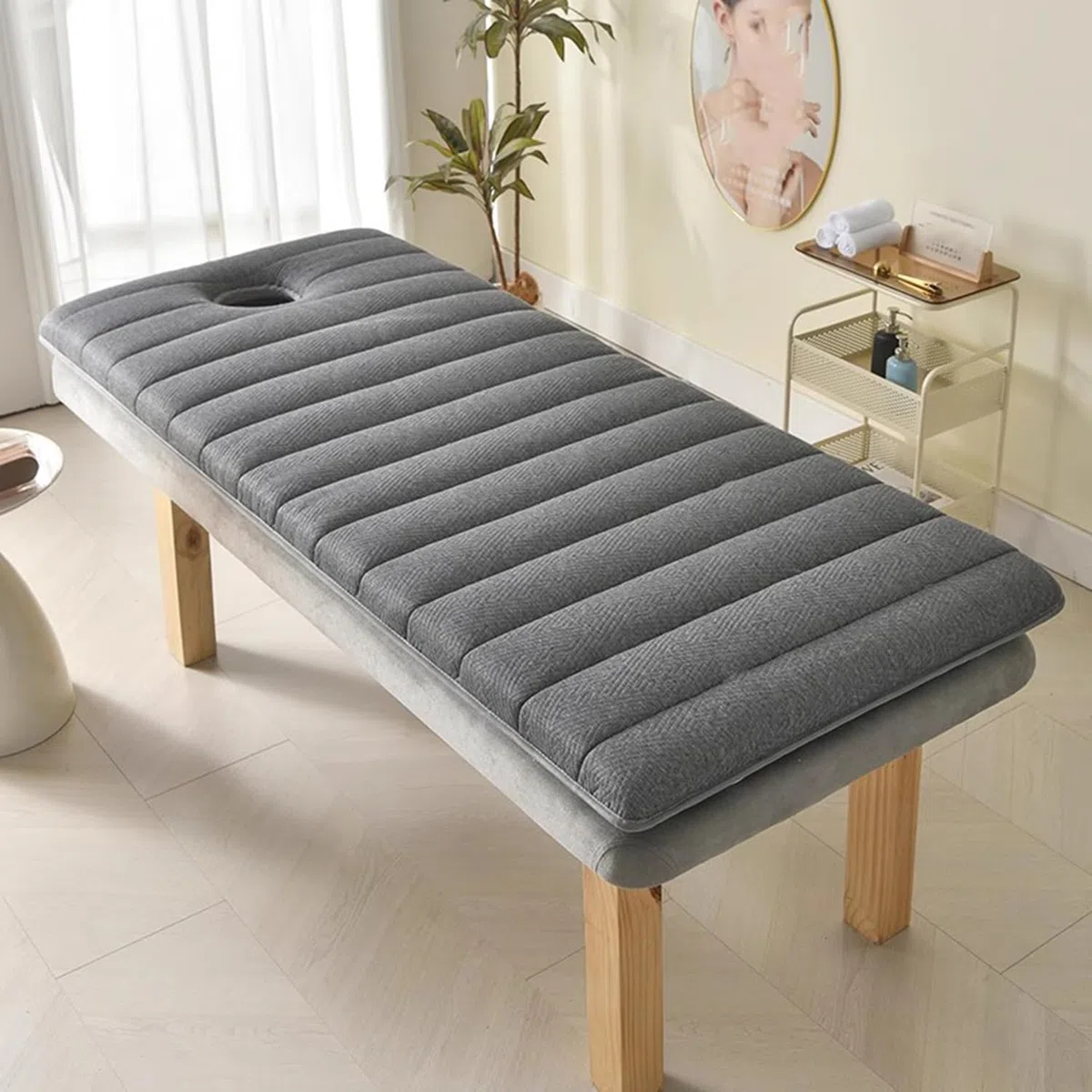 Surmatelas Gris En Mousse À Mémoire de Forme de 6 Cm Pour Lit de Massage, Surmatelas Haute Densité Avec Trou Pour Le Visage Et Sangles Élastiques, Confort Et Soutien Pour Salon de Beauté./Gre