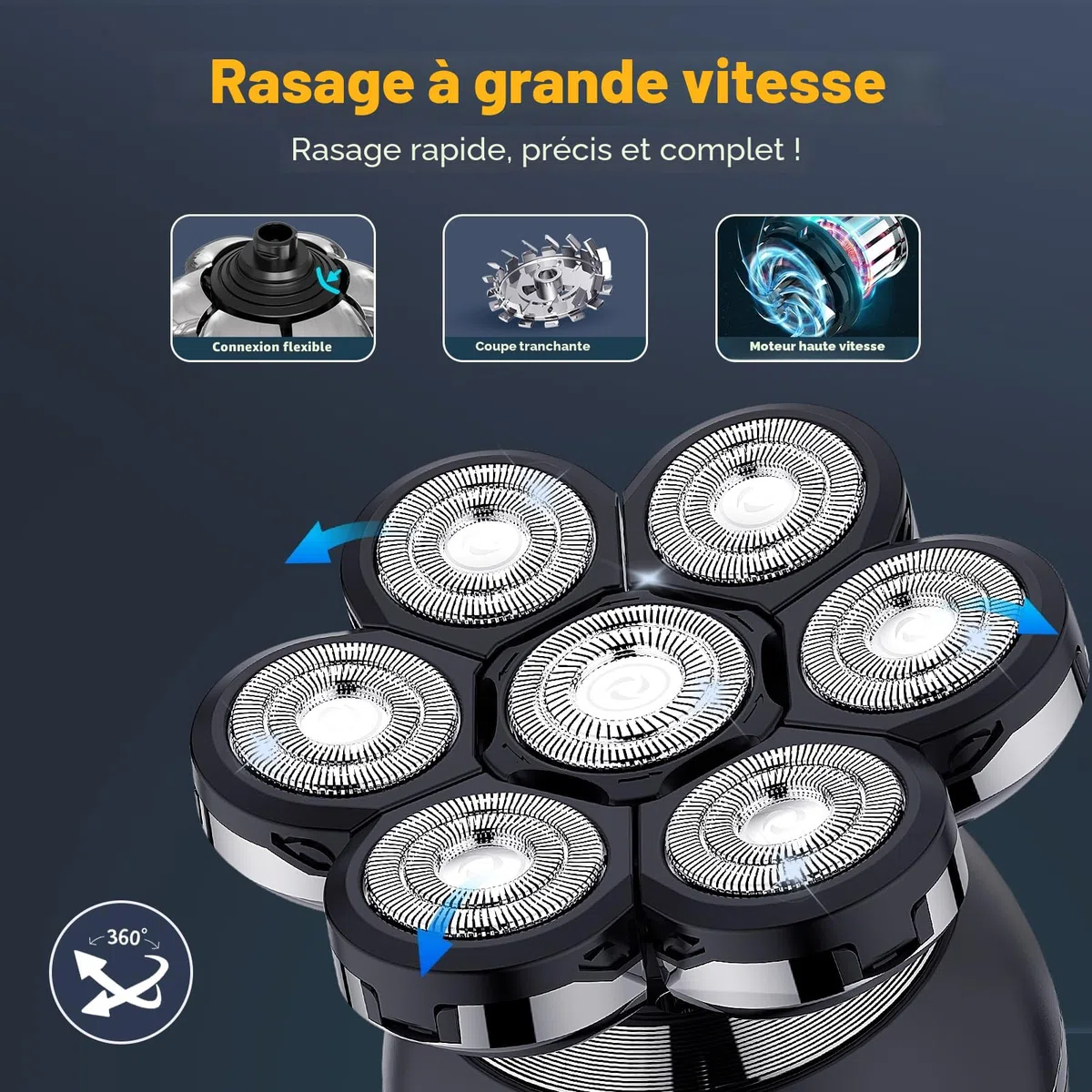 ETENTOUS Rasoir Tete Chauve Homme, 7D Rasoir Électrique Homme- 6 en 1 Tondeuse Crane Chauve- Humide/Sec Étanche IPX7 pour Hommes Chauves avec Écran LED.