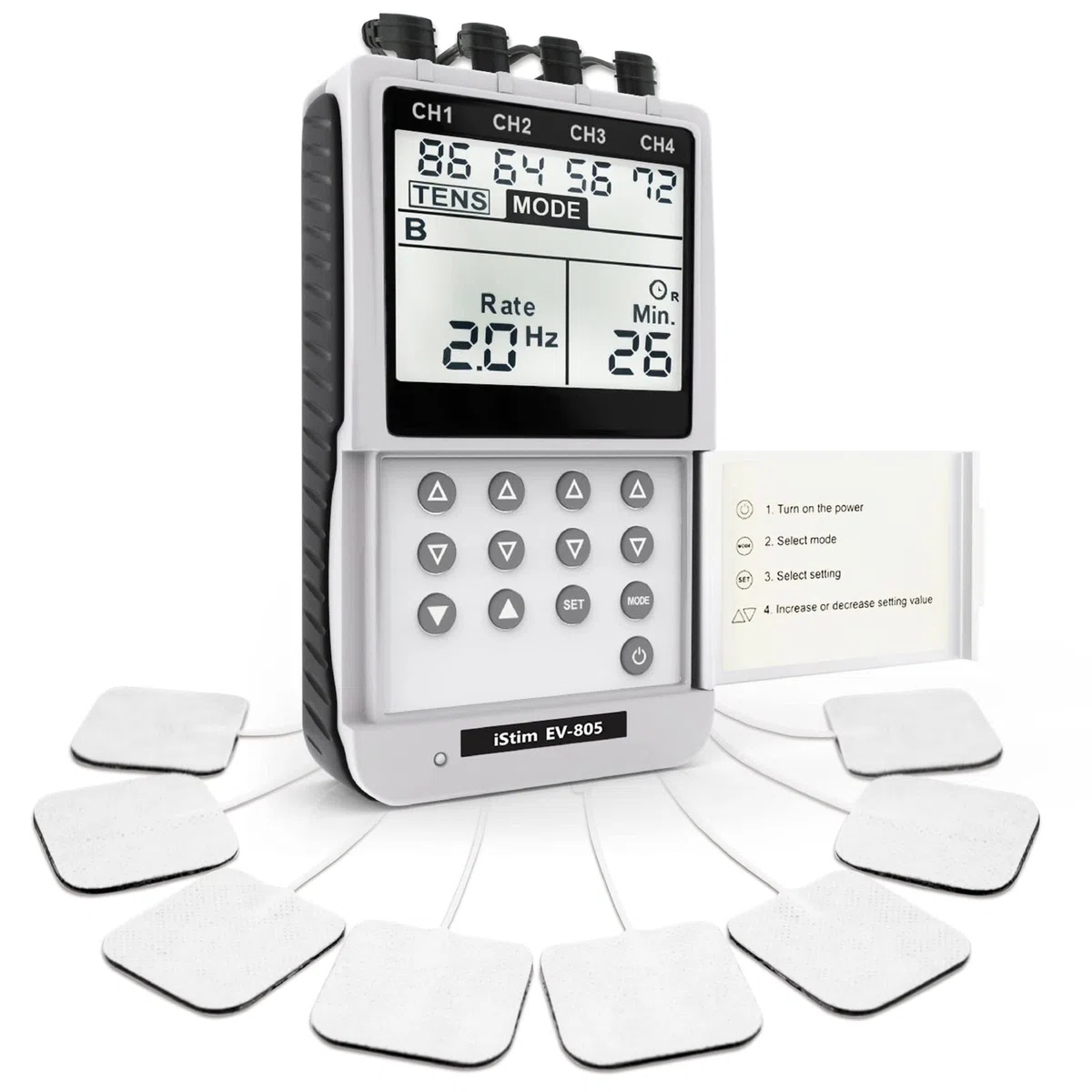 iStim EV-805 Électrostimulateur TENS & EMS 4 Canaux 16 Électrodes Réutilisables