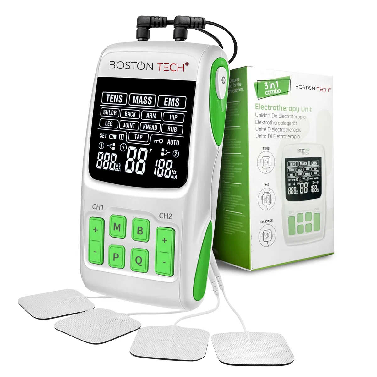 Boston Tech® Stimulateur musculaire 3 en 1 avec fonctions TENS/EMS/massage | 2 canaux, 36 programmes à intensité réglable, 4 électrodes. Soulage, réhabilite et renforce les muscles. Piles incluses.