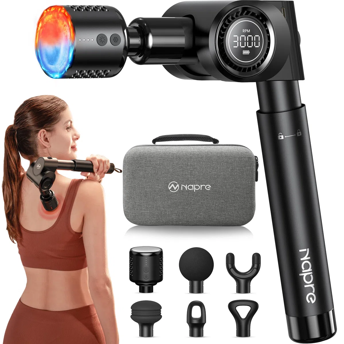 Pistolet de Massage Musculaire,Napre Pistolet de Massage avec Tête Chaude et Froide,Appareil de Massage Masseur de Muscle Profonds,32 Vitesses Dos Massage Gun,Pliable et 5 Angles,Poignée Extensible