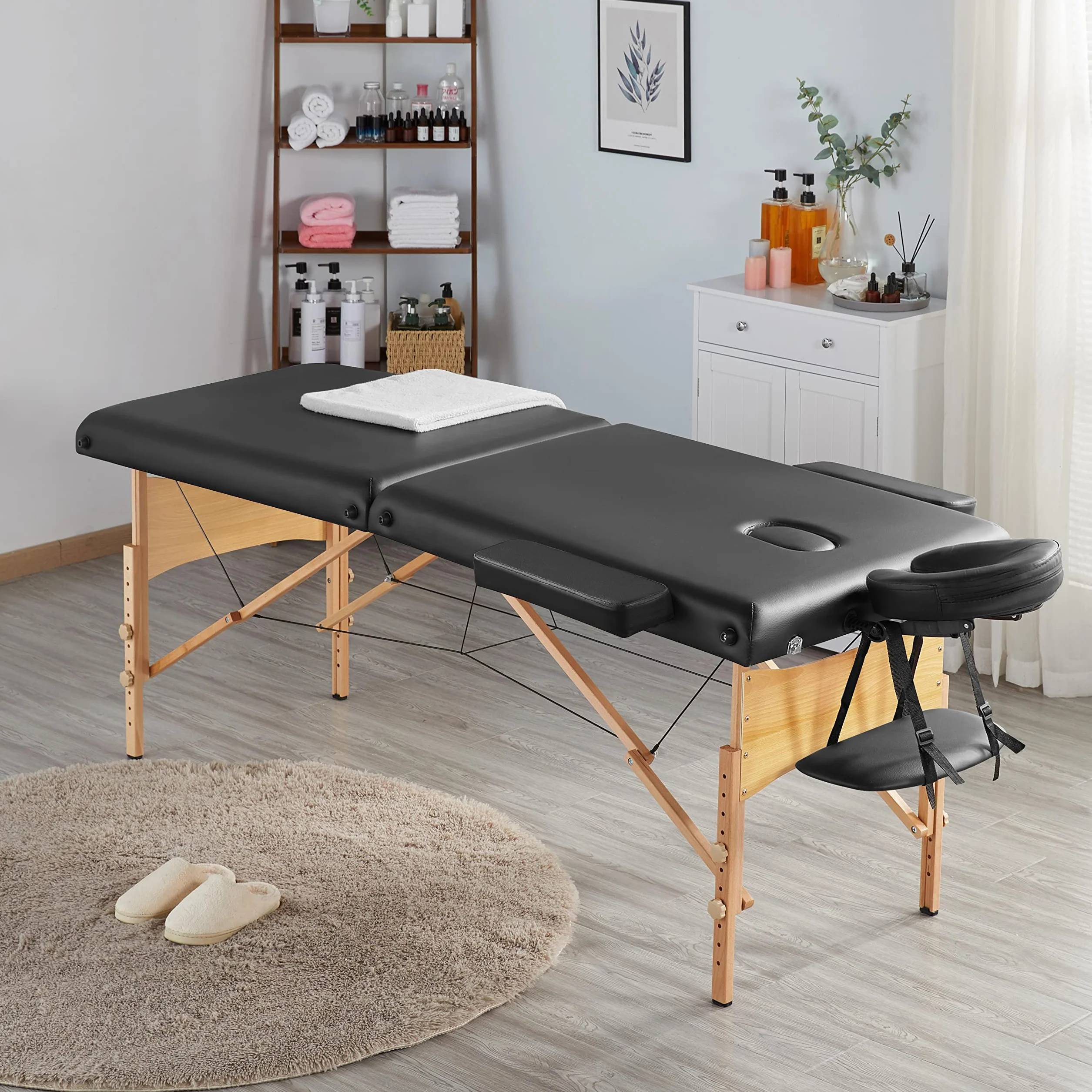 Yaheetech Table de Massage Pliante 70 cm Lit de Massage Professionnel en 2 Sections en Bois Massif Table Canapé Cosmetique Thérapie Noir