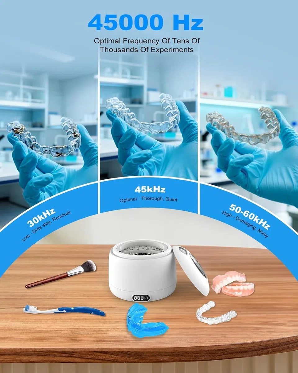 Voraiya Nettoyeur Ultrasons Dentaire IPX7 Etanche Ultrasonic Cleaner Base & Dental Pod Amovible Nettoyant Ultrason avec 2 UV Lampes pour Prothèses Dentaires, Gouttière Dentaire, Retainer, Bijoux