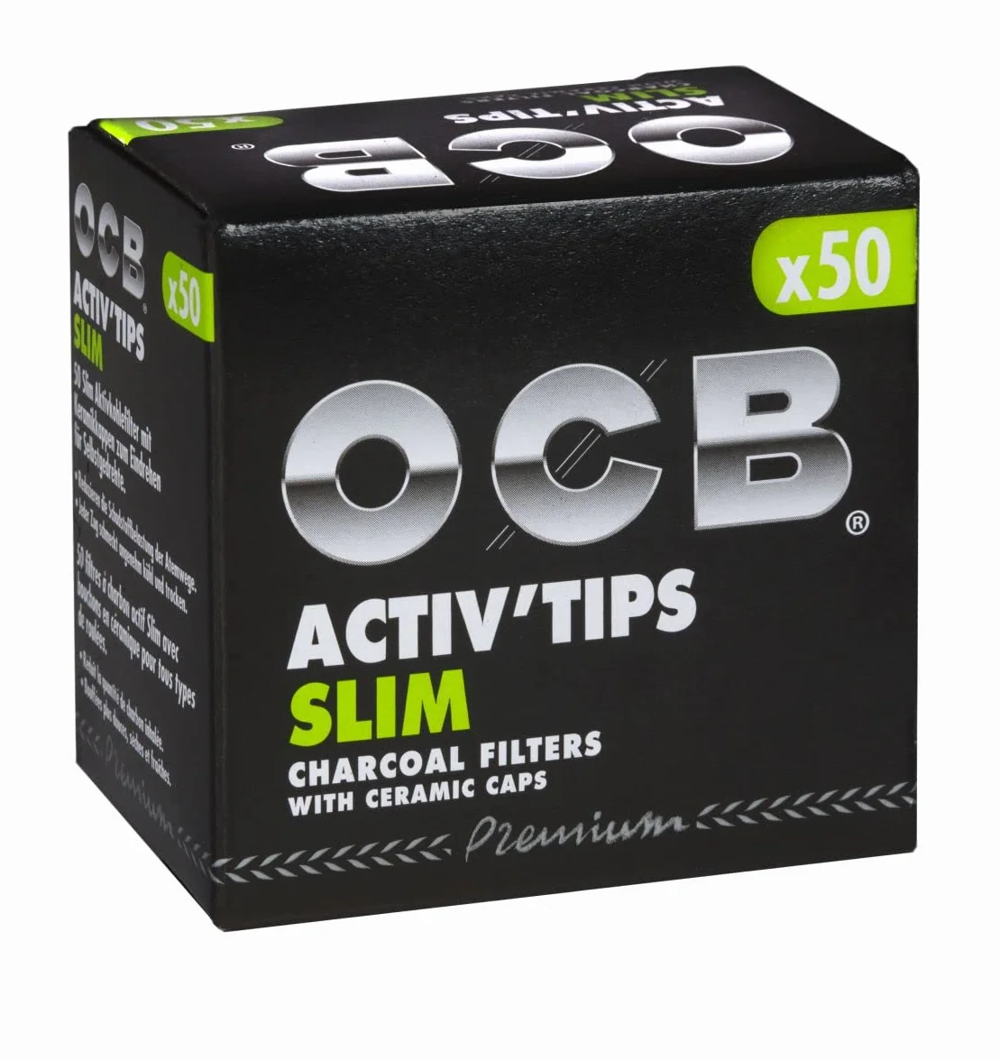 OCB ActivTips Filtre à charbon actif Slim 7 mm avec bouchons en céramique 10 x 50 papier