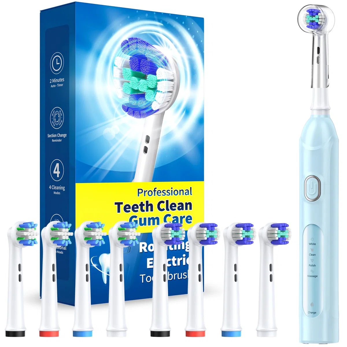 Brosse à dents électrique rotative pour adultes avec 8 têtes de brosse (2 types), puissance rechargeable et 2 minutes de temps intelligent, 4 modes de nettoyage (bleu ciel)