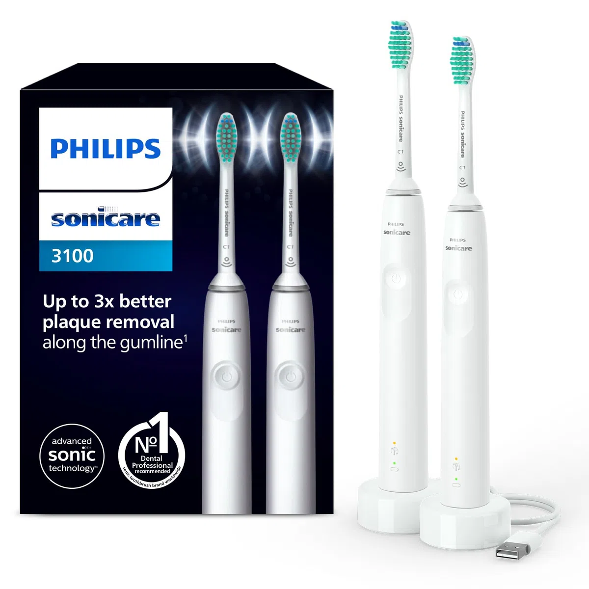 Philips Sonicare 3100 Brosse à dents électrique sonique HX3675/13 blanc pack de 2