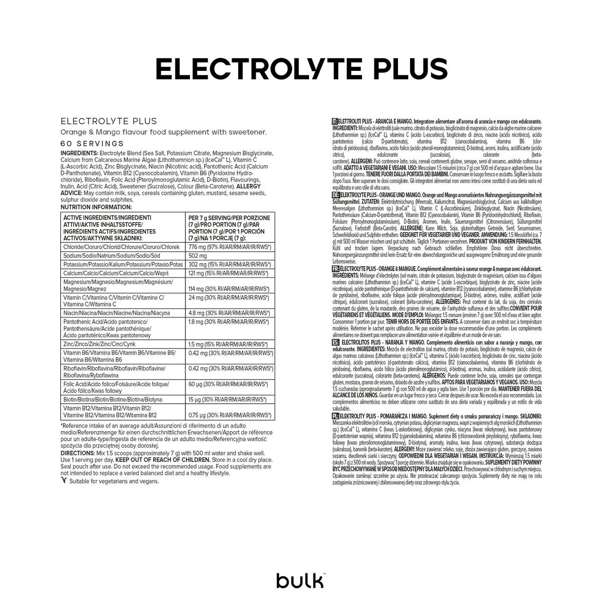 Bulk Electrolyte Plus, Saveur Orange & Mangue, 420 g, 60 portions, Recharge en électrolytes, Améliore l’hydratation, Soutient la fonction musculaire & la performance, Convient aux végétaliens