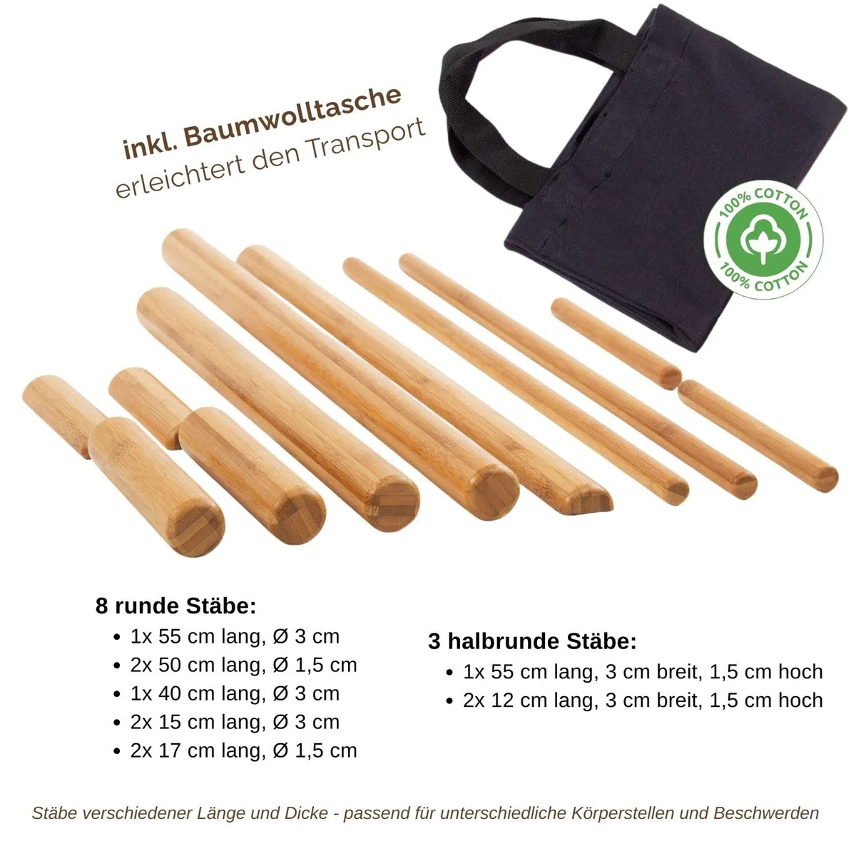WellTouch Bâtons de massage en bambou, jeu de 11 pièces, pour la thérapie de massage aux bambous, soulage les tensions musculaires