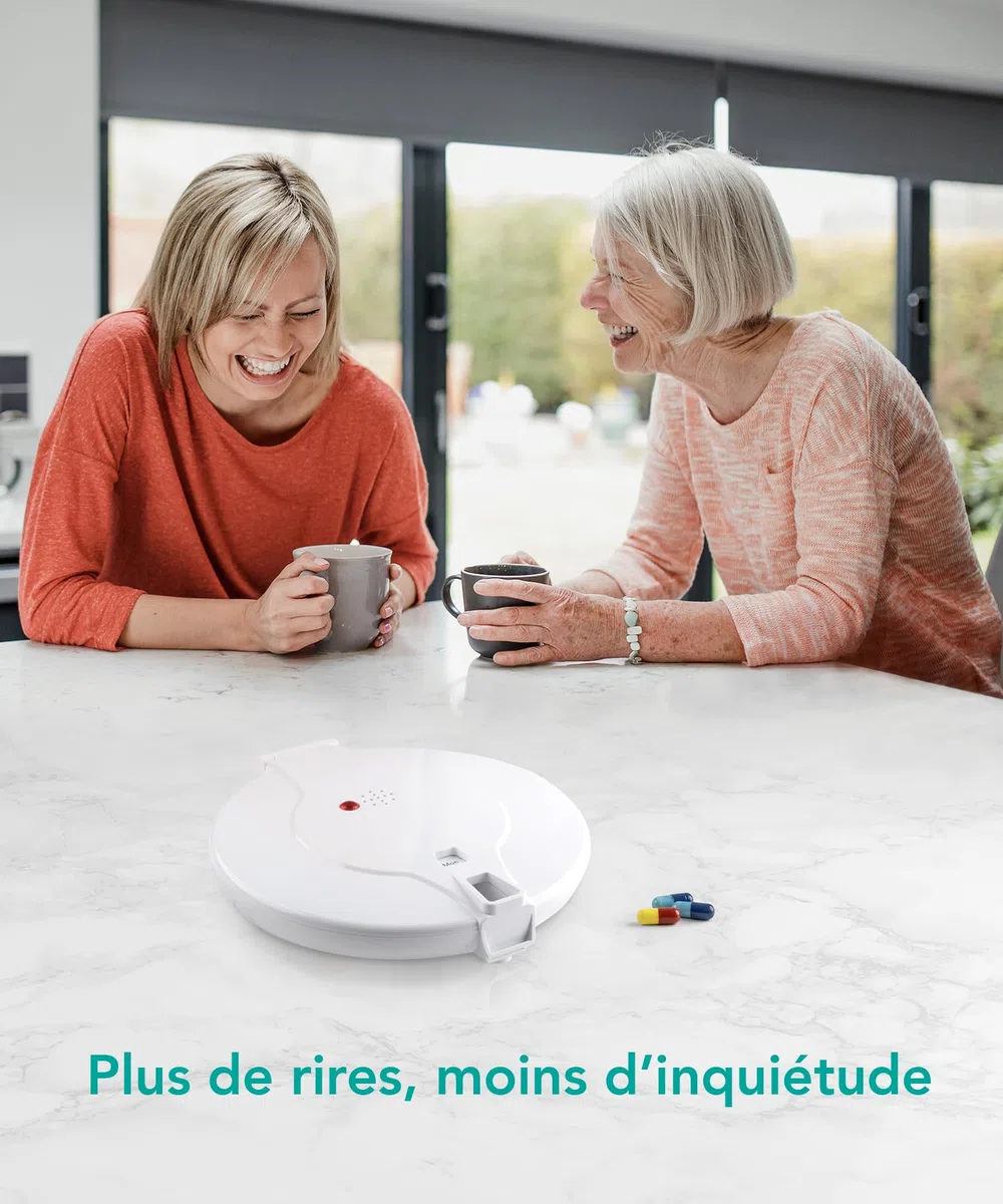 Distributeur électronique de comprimés TabTime Medelert (mode d'emploi en Français), couvercle transparent, automatique, verrouillable. Outil indispensable pour personnes âgées