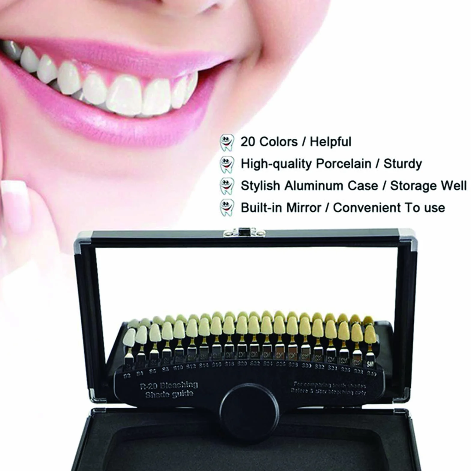 Comparateur de Couleur Dentaire Guide d'Ombre 20 Couleurs Kit Blanchiment Dents 3D avec Miroir
