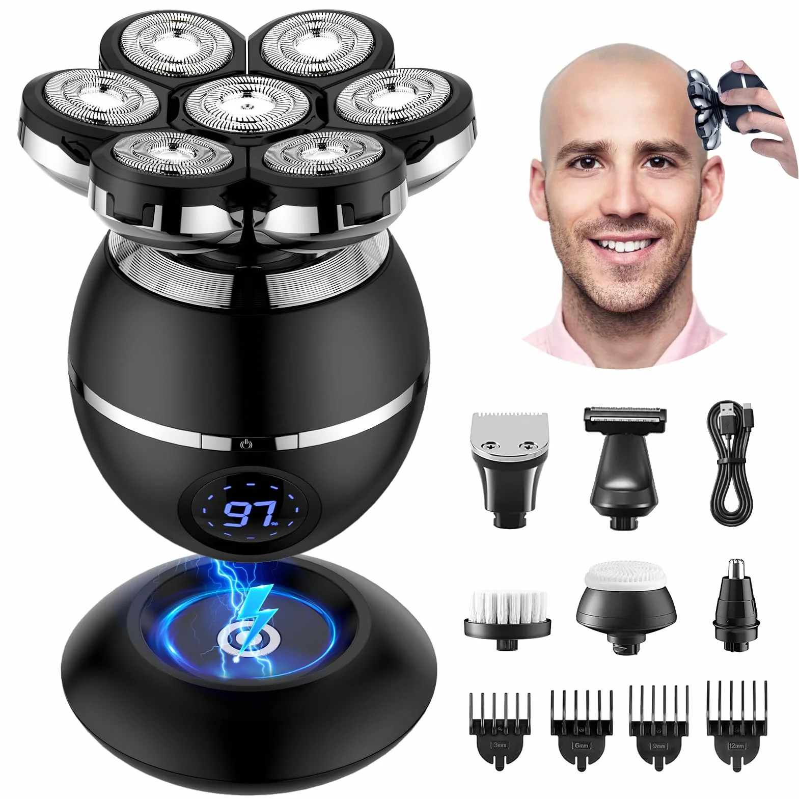 ETENTOUS Rasoir Tete Chauve Homme, 7D Rasoir Électrique Homme- 6 en 1 Tondeuse Crane Chauve- Humide/Sec Étanche IPX7 pour Hommes Chauves avec Écran LED.