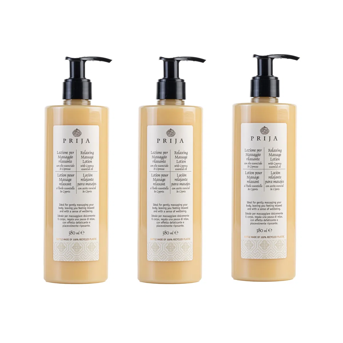Prija Lotion de Massage Hydratante Apaisante Cyprès 380ml x3 Testée Dermatologiquement Made in Italy