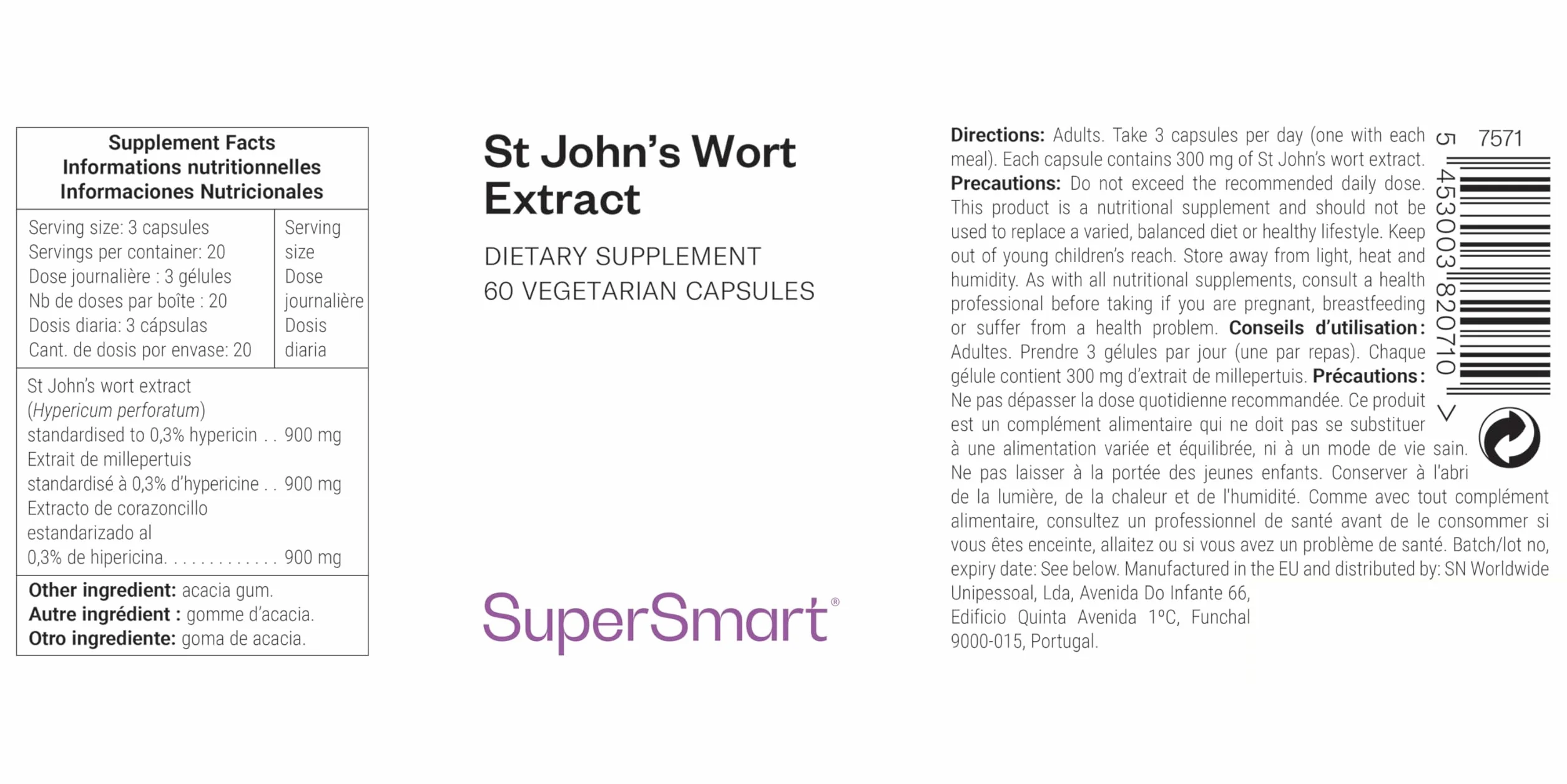 St John's Wort Extract - Extrait de Millepertuis - Concentré d'Hypéricine (0,3%) - Contribue à Améliorer l’Humeur - Aide à Atténuer les Problèmes de Sommeil - Vegan - Sans Gluten - SuperSmart