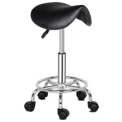Tabouret de Massage, Tabouret de Selle de Cheval pivotant à 360°, Réglable en Hauteur, pour Les Salons, Instituts de beauté, Cliniques, Bureaux (Noir)