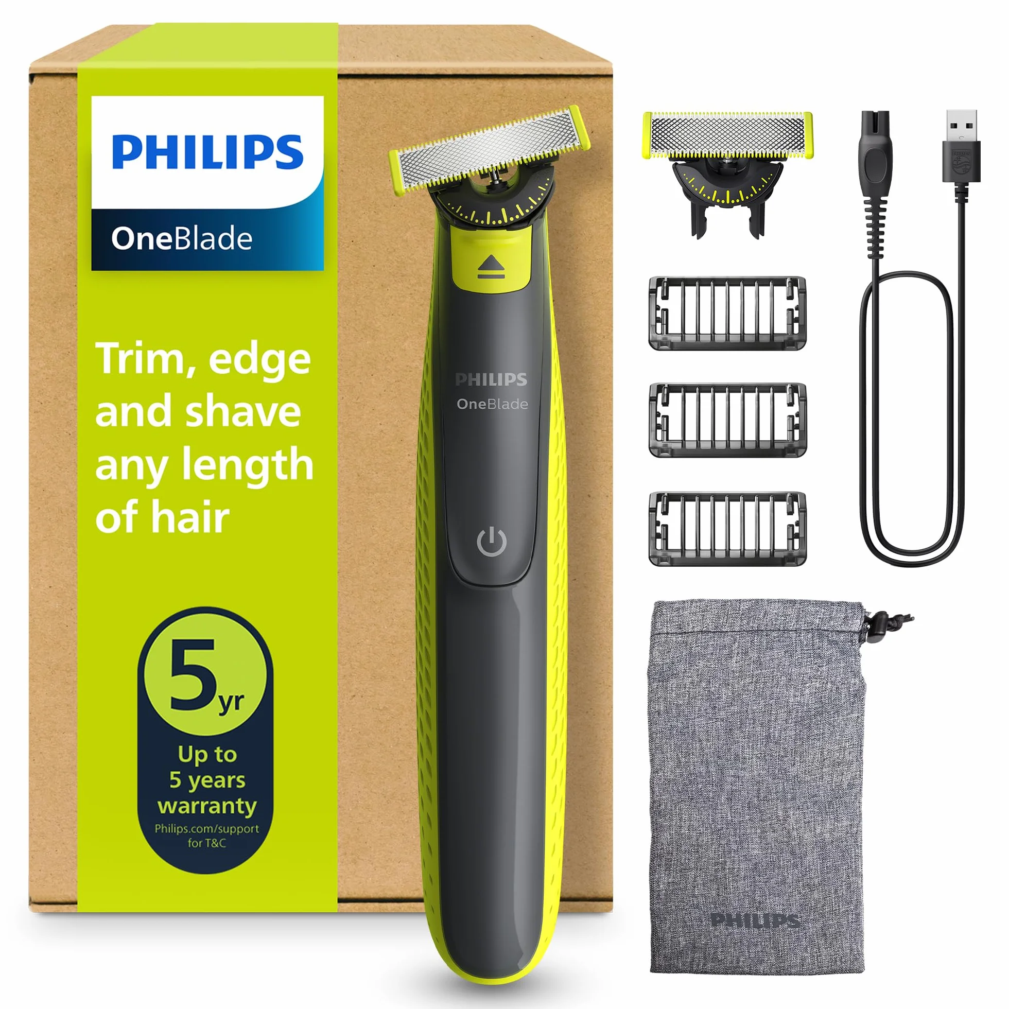 Philips OneBlade 360 Authentique Tondeuse et rasoir à barbe électrique, 2x 360 lames, 3x peignes à barbe (1,3,5mm), QP2724/31