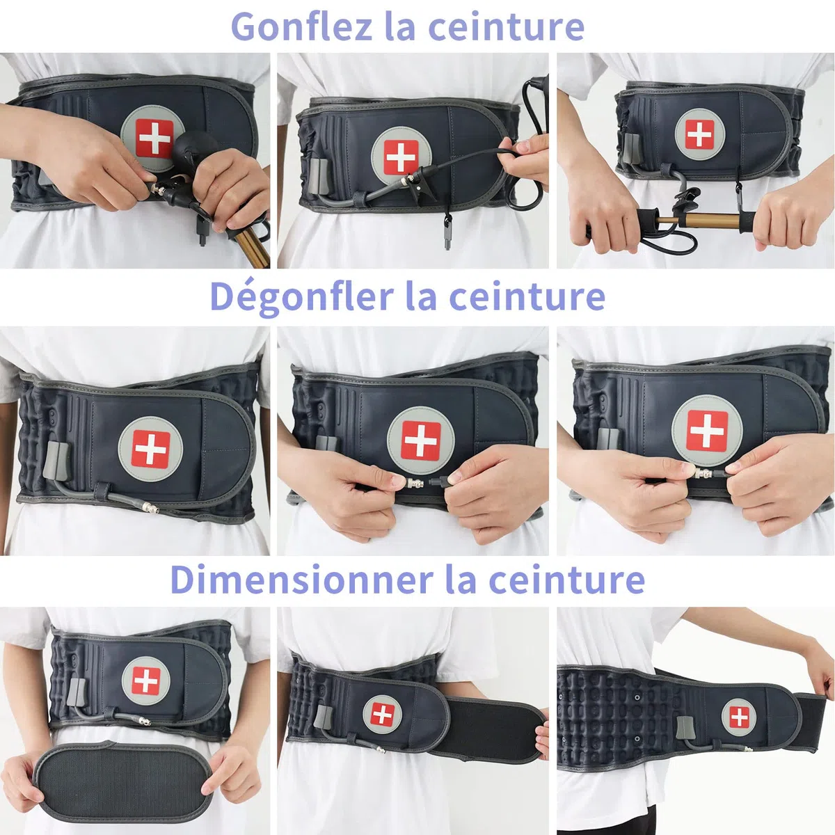 Ceinture lombaire gonflable de décompression pour le bas du dos pour soulager les douleurs lombaires – Dispositif de traction lombaire avec pompe à main, taille unique pour tour de 29-49