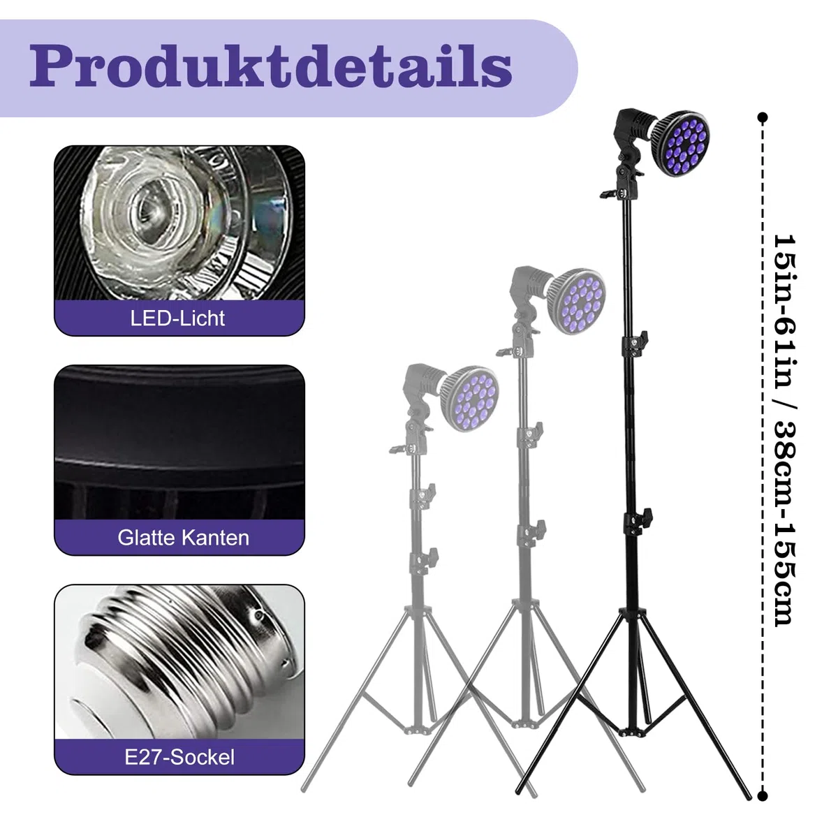 Lampe de bronzage portable pour visage et corps avec support réglable et crochets de suspension (Violet)