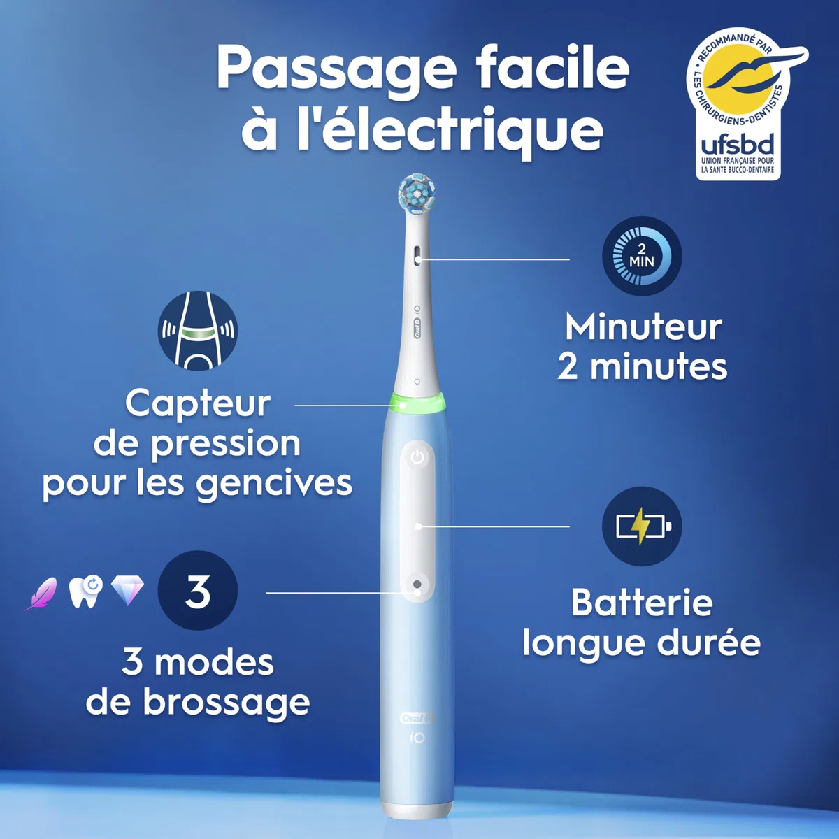 Oral-B Brosse à Dents Électrique iO 3 Bleue – 3 Brossettes, 3 Modes Douceur Blancheur, Capteur de Pression, Batterie Rechargeable