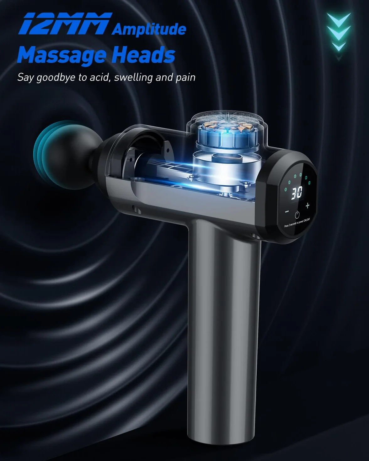Pistolet de massage par percussion avec 6 têtes, réglable sur 30 vitesses