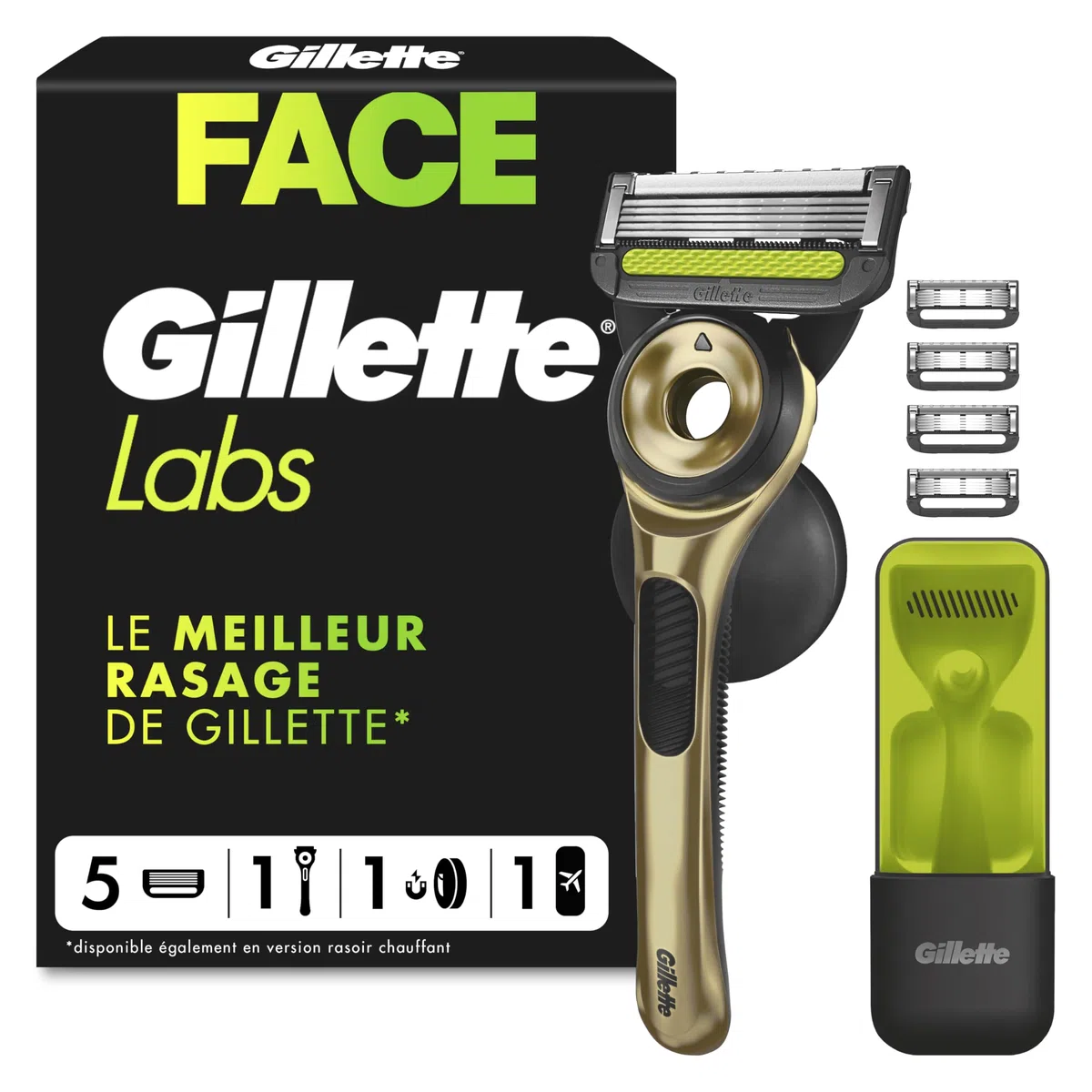 Gillette Labs Rasoir Home, Edition Limitée, avec 5 Recharges, Or – Manche Réutilisable en Métal, Cartouche de Rechange à Lames Affutées, Rasage Efficace avec la Technologie FlexDisc 2D