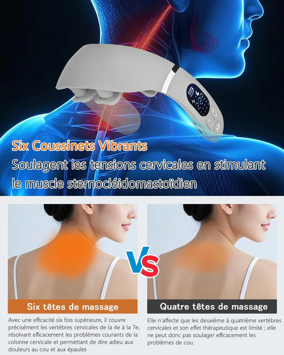 Masseur Cervical, Masseur électrique Portable à 6 têtes avec Thérapie Thermique à 42°C, 12 Modes 22 Niveaux, Fonction Vocale Intelligente, écran LCD, Convient à la Maison et au Bureau