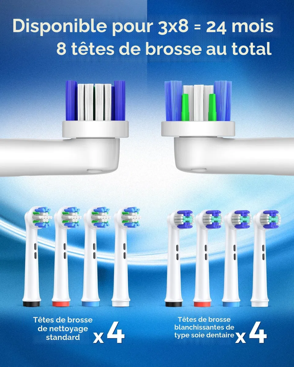 Brosse à dents électrique rotative pour adultes avec 8 têtes de brosse (2 types), puissance rechargeable et 2 minutes de temps intelligent, 4 modes de nettoyage (bleu ciel)
