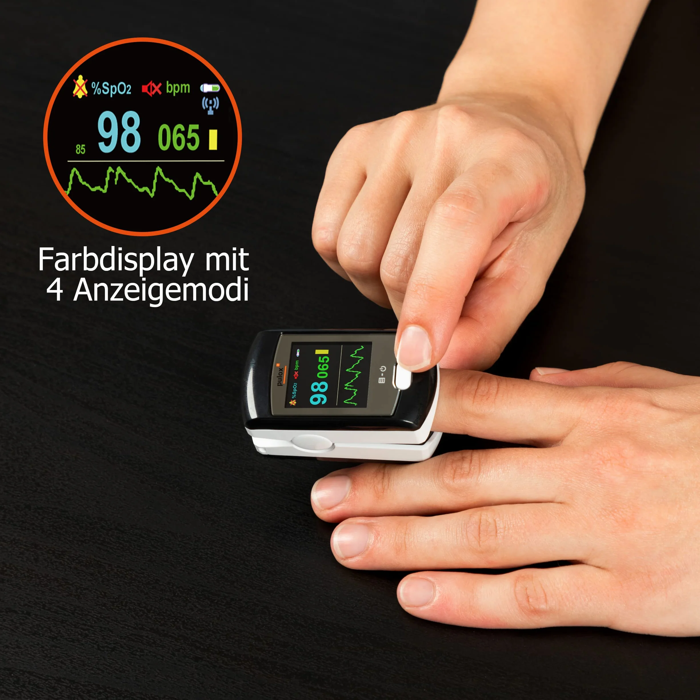 Oxymètre de pouls PULOX PO-300 Écran couleur LCD Alarme Batterie Li-ion Noir
