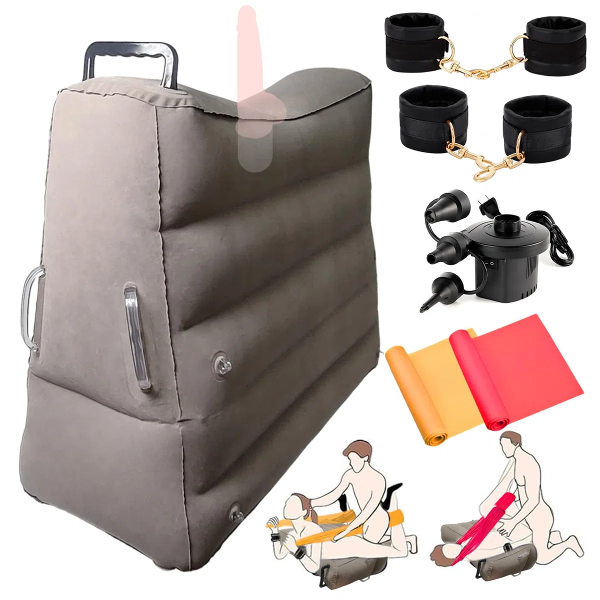 Coussin Gonflable Sexuel avec Support pour Godemiché, Kit BDSM Menottes et Élastiques, Portable Intérieur Extérieur