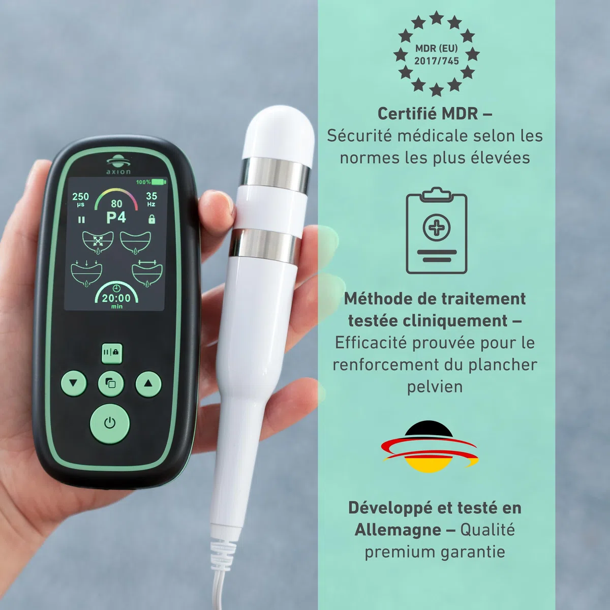 Axion® I-3000 Entraineur du plancher pelvien pour femmes, Appareil Kegel EMS avec sonde vaginale, 4 programmes, 80 intensités, Batterie rechargeable