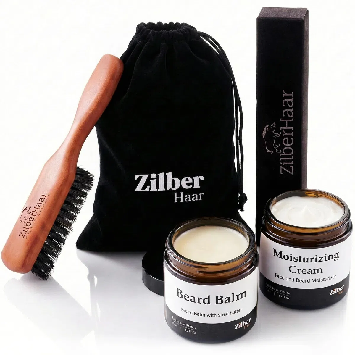 Kit de Soins pour Barbe Homme ZilberHaar Brosse à Barbe Regular Baume Crème Hydratante Poils de Sanglier Rigides