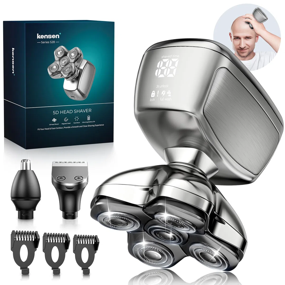 Kensen Rasoir Tete Chauve Homme 5D Tondeuse Cheveux Hommes Chauve 120 min Autonomie Étanche Sec Humide avec Coupe-Poils de Vez Écran LED Peigne Limite