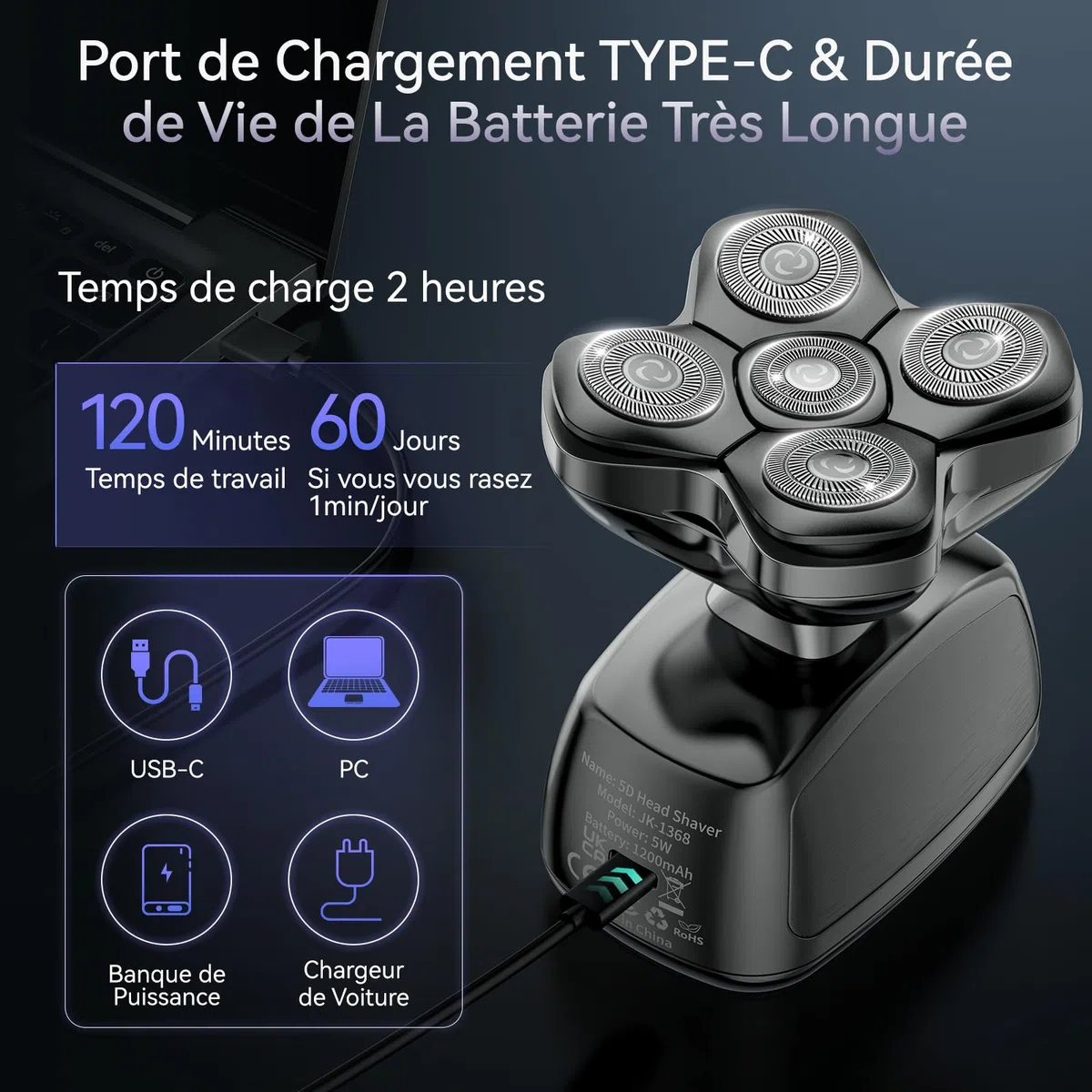 Kensen Rasoir Tete Chauve Homme 5D Tondeuse Cheveux Hommes Chauve 120 min Autonomie Étanche Sec Humide avec Coupe-Poils de Vez Écran LED Peigne Limite