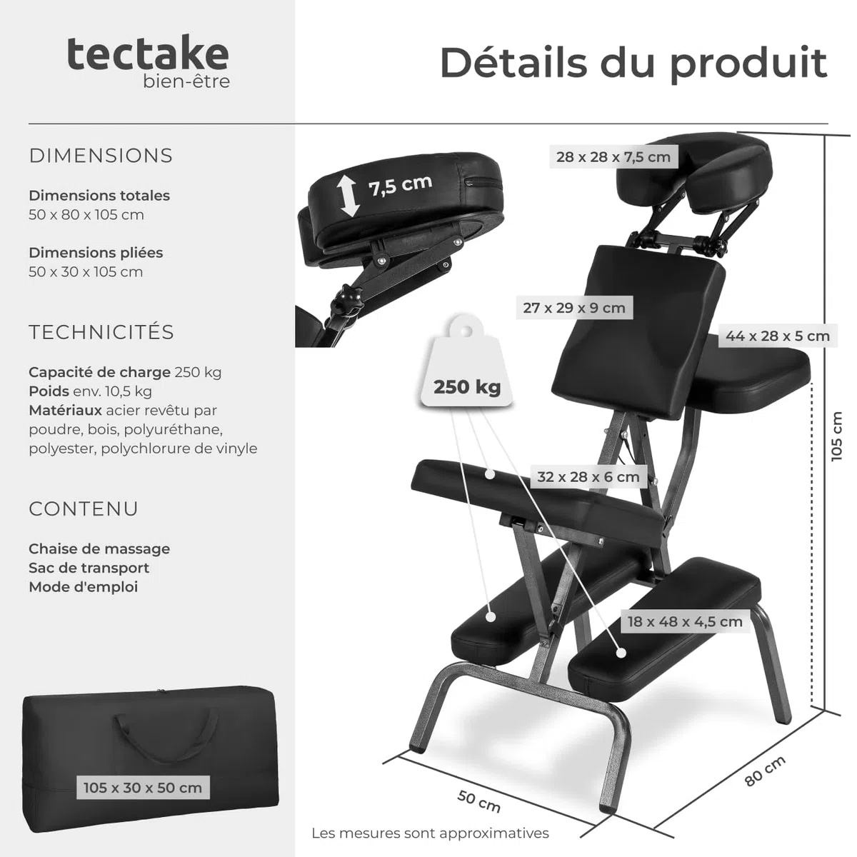 tectake® Chaise de Massage Fauteuil Tabouret Pliable Tabouret Ergonomique Rembourrage Extra-épais, Sac de Transport, Massage Dos cervicales et Cou Tete Visage Pieds