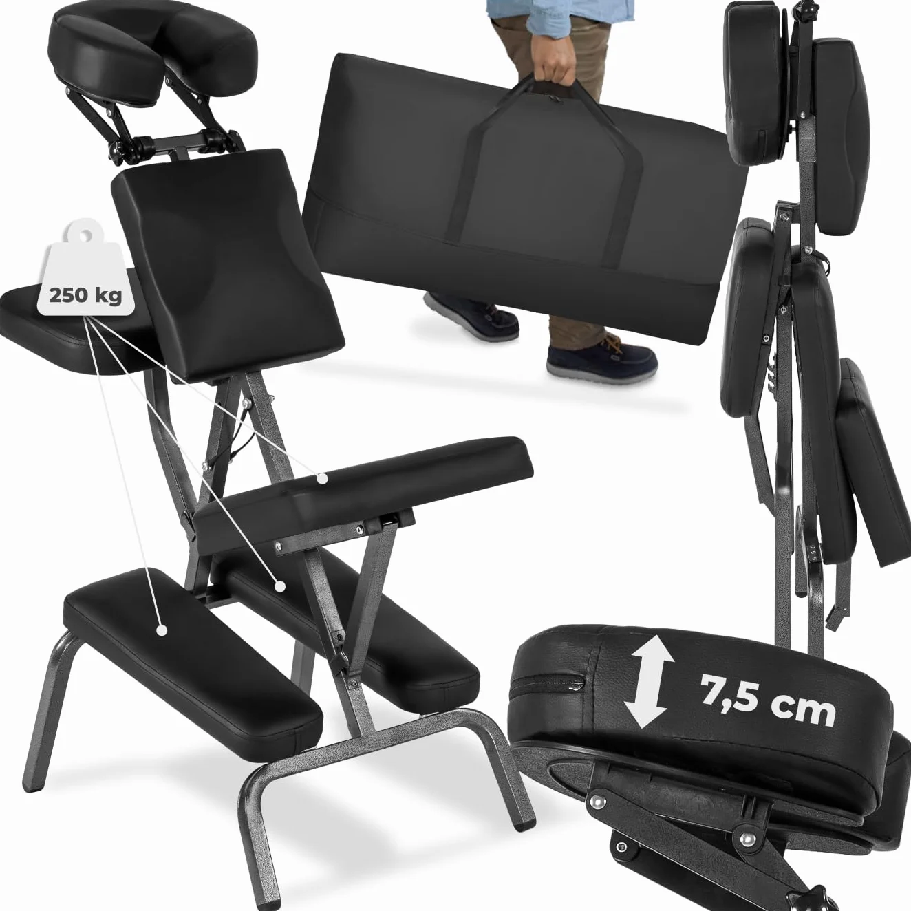 tectake® Chaise de Massage Fauteuil Tabouret Pliable Tabouret Ergonomique Rembourrage Extra-épais, Sac de Transport, Massage Dos cervicales et Cou Tete Visage Pieds
