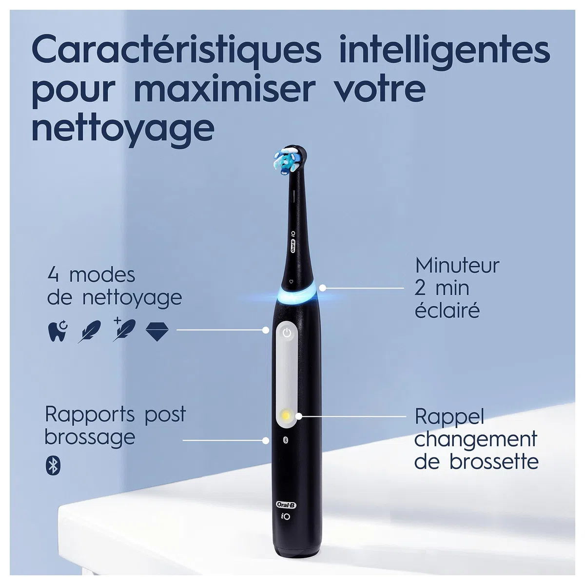 Oral-B iO 4 Brosse À Dents Électrique Noire Pour Adultes, 4 Modes De Nettoyage Avec Blancheur Et Extra Douceur Pour Protéger Les Gencives, 3 Brossettes De Recharge, 1 Chargeur, 1 Étui De Voyage