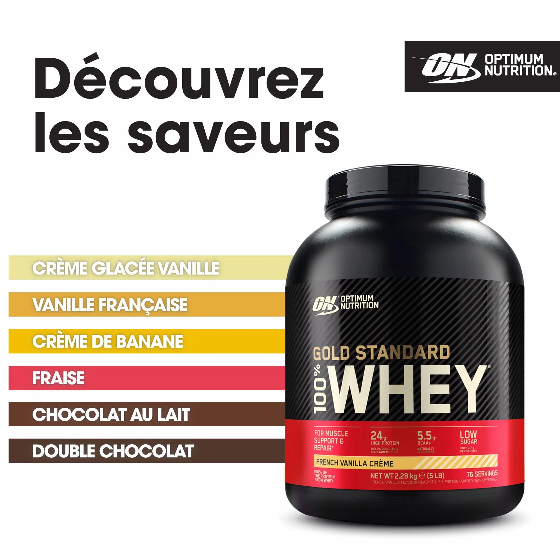 Optimum Nutrition Gold Standard 100% Whey Protéine Crème à la Vanille Française 2.28kg 76 Doses