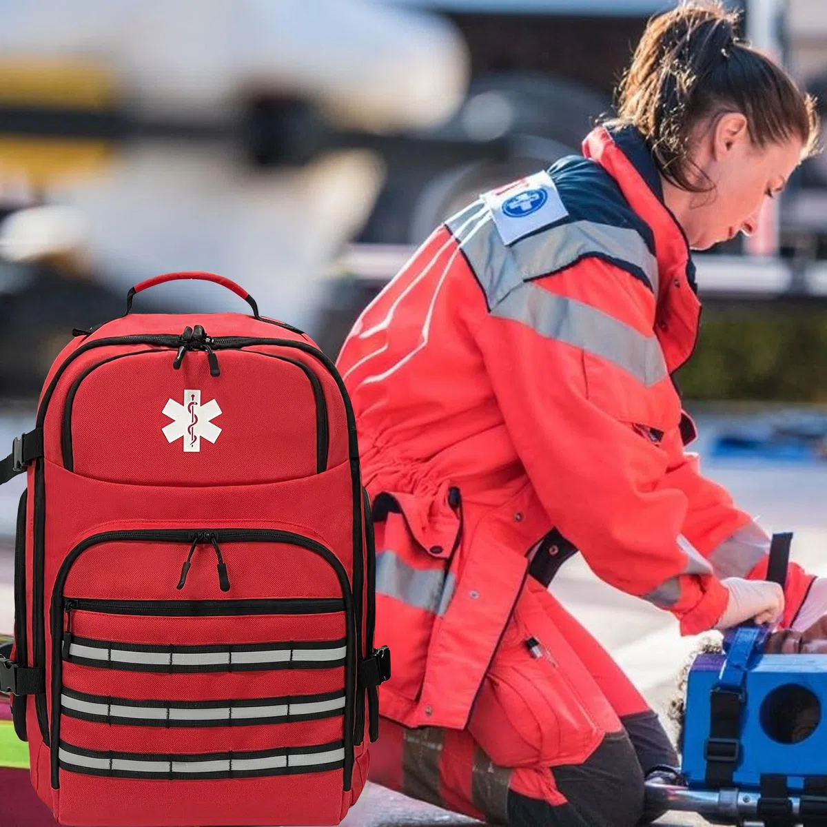 Sac à dos d'urgence médicale professionnel, Sac à dos de premiers secours trauma, vide, avec bandes réfléchissantes et base antidérapante, pour le camping, la randonnée (Rouge, Grand)